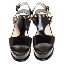 Pre Owned Prada Black Leather T-Strap Wedge Platform Studded Slingback Sandals Size 40