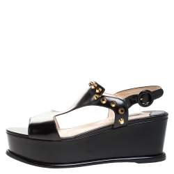 Pre Owned Prada Black Leather T-Strap Wedge Platform Studded Slingback Sandals Size 40