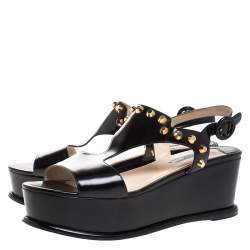 Pre Owned Prada Black Leather T-Strap Wedge Platform Studded Slingback Sandals Size 40