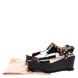 Pre Owned Prada Black Leather T-Strap Wedge Platform Studded Slingback Sandals Size 40