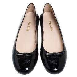 Pre Owned Prada Black Patent Leather Bow Ballet Flats Size 37.5