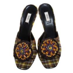 Prada Multicolor Crystal Embellished Check Fabric Slide Sandals Size 37.5