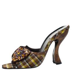 Prada Multicolor Crystal Embellished Check Fabric Slide Sandals Size 37.5