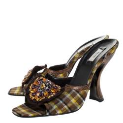Prada Multicolor Crystal Embellished Check Fabric Slide Sandals Size 37.5