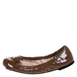 Pre Owned Prada Brown Patent Leather Bow Scrunch Ballet Flats Size 39