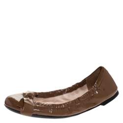 Pre Owned Prada Brown Patent Leather Bow Scrunch Ballet Flats Size 39