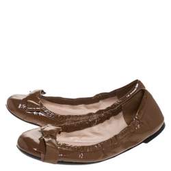 Pre Owned Prada Brown Patent Leather Bow Scrunch Ballet Flats Size 39