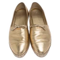 Pre Owned Prada Metallic Gold Leather Bow Espadrille Flats Size 39