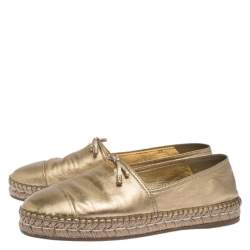 Pre Owned Prada Metallic Gold Leather Bow Espadrille Flats Size 39