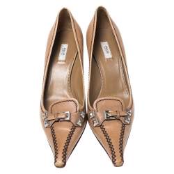 Pre Owned Prada Light Brown Leather Buckle Pointed Toe Pumps Size 37.5