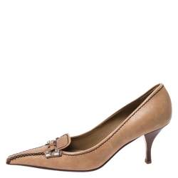 Pre Owned Prada Light Brown Leather Buckle Pointed Toe Pumps Size 37.5