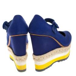 Pre Owned Prada Blue Canvas Mary Jane Platform Wedge Pumps Size 36