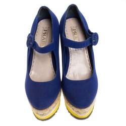 Pre Owned Prada Blue Canvas Mary Jane Platform Wedge Pumps Size 36