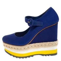 Pre Owned Prada Blue Canvas Mary Jane Platform Wedge Pumps Size 36