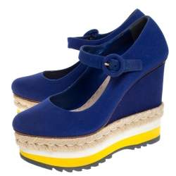 Pre Owned Prada Blue Canvas Mary Jane Platform Wedge Pumps Size 36