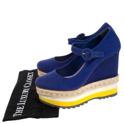 Pre Owned Prada Blue Canvas Mary Jane Platform Wedge Pumps Size 36