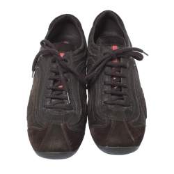 Pre Owned Prada Dark Brown Leather and Suede Lace Up Low Top Sneakers Size 38