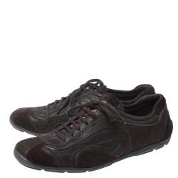 Pre Owned Prada Dark Brown Leather and Suede Lace Up Low Top Sneakers Size 38