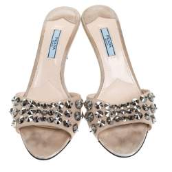 Pre Owned Prada Beige Suede Studded Slide Sandals Size 37.5