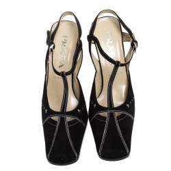 Prada Black Suede T Bar Square Toe Ankle Strap Pumps Size 37.5