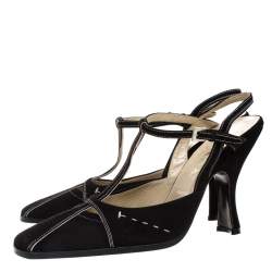 Prada Black Suede T Bar Square Toe Ankle Strap Pumps Size 37.5