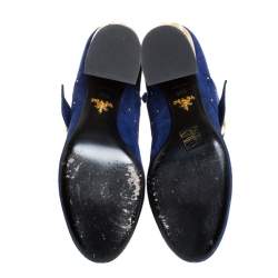 Pre Owned Prada Blue Suede Studded Metallic Block Heel Ankle Boots Size 38.5