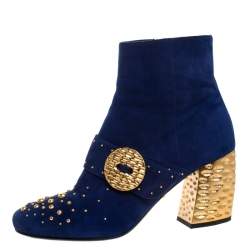 Pre Owned Prada Blue Suede Studded Metallic Block Heel Ankle Boots Size 38.5