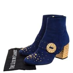 Pre Owned Prada Blue Suede Studded Metallic Block Heel Ankle Boots Size 38.5