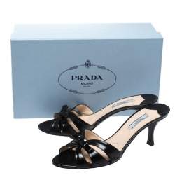 Pre Owned Prada Black Saffiano Patent Leather Bow Slides Size 38.5