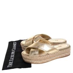 Prada Metallic Gold Leather Cross Strap Espadrille Platform Slides Size 37.5