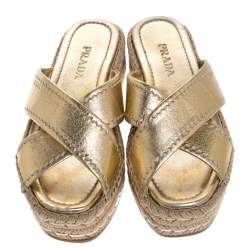 Prada Metallic Gold Leather Cross Strap Espadrille Platform Slides Size 37.5