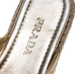 Prada Metallic Gold Leather Cross Strap Espadrille Platform Slides Size 37.5
