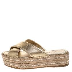 Prada Metallic Gold Leather Cross Strap Espadrille Platform Slides Size 37.5