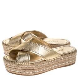 Prada Metallic Gold Leather Cross Strap Espadrille Platform Slides Size 37.5