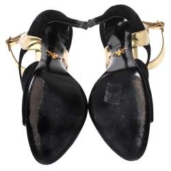 Pre Owned Prada Black/Gold Cut Out Patent Leather and Suede Ankle Strap Sandals Size 38.5
