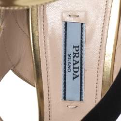 Pre Owned Prada Black/Gold Cut Out Patent Leather and Suede Ankle Strap Sandals Size 38.5