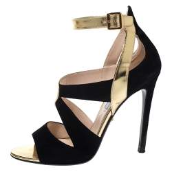 Pre Owned Prada Black/Gold Cut Out Patent Leather and Suede Ankle Strap Sandals Size 38.5