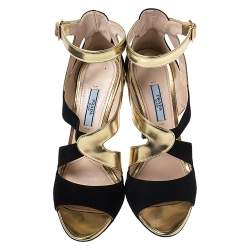 Pre Owned Prada Black/Gold Cut Out Patent Leather and Suede Ankle Strap Sandals Size 38.5
