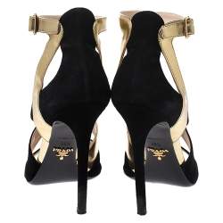 Pre Owned Prada Black/Gold Cut Out Patent Leather and Suede Ankle Strap Sandals Size 38.5