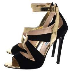Pre Owned Prada Black/Gold Cut Out Patent Leather and Suede Ankle Strap Sandals Size 38.5