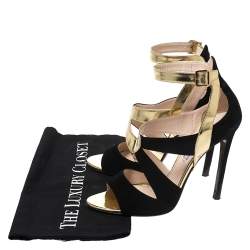 Pre Owned Prada Black/Gold Cut Out Patent Leather and Suede Ankle Strap Sandals Size 38.5