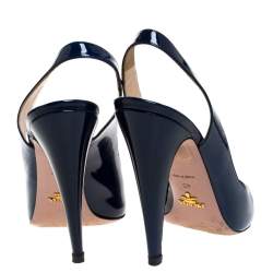 Prada Blue Patent Leather Peep Toe Slingback Sandals Size 40
