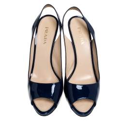Prada Blue Patent Leather Peep Toe Slingback Sandals Size 40
