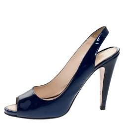 Prada Blue Patent Leather Peep Toe Slingback Sandals Size 40