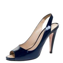Prada Blue Patent Leather Peep Toe Slingback Sandals Size 40