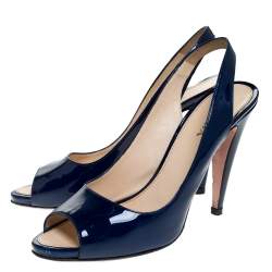 Prada Blue Patent Leather Peep Toe Slingback Sandals Size 40