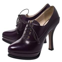 Pre Owned Prada Purple Leather Lace Up Platform Booties Size 36.5