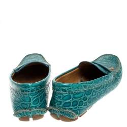 Pre Owned Prada Teal Croc Embossed Leather Penny Loafers Size 37