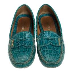 Pre Owned Prada Teal Croc Embossed Leather Penny Loafers Size 37