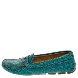 Pre Owned Prada Teal Croc Embossed Leather Penny Loafers Size 37